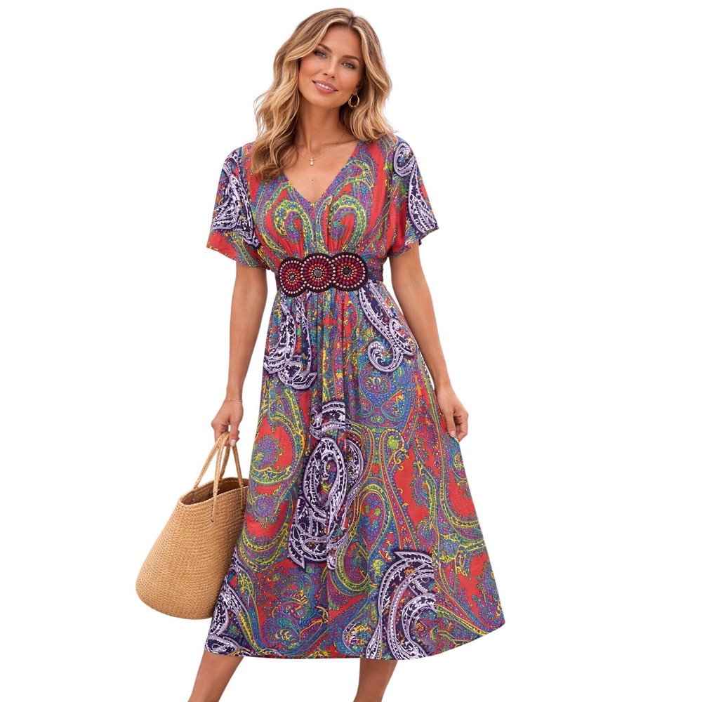 Lennie Nina Leonard Boho Paisley Beaded Midi Dress Small Resort Vacation